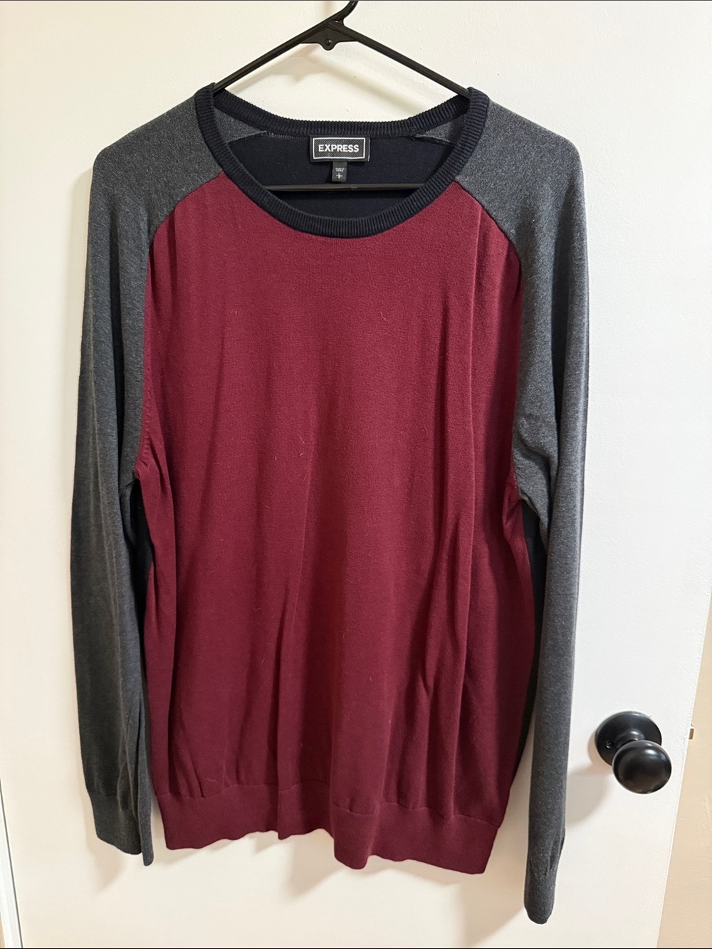 Express Men’s Burgundy and Gray Raglan Crewneck Sweater